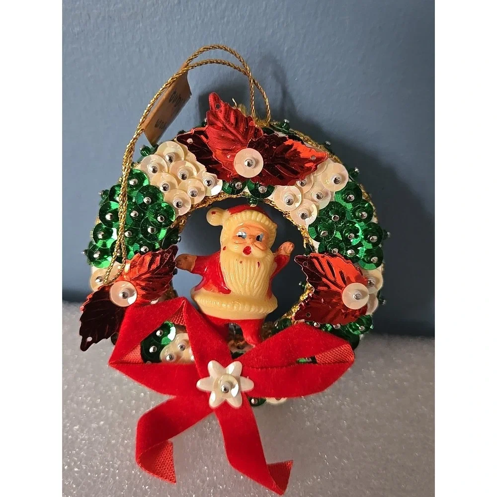 Beautiful Vintage Push Pin Bead Sequin With Santa Christmas Tree Wreath Ornament